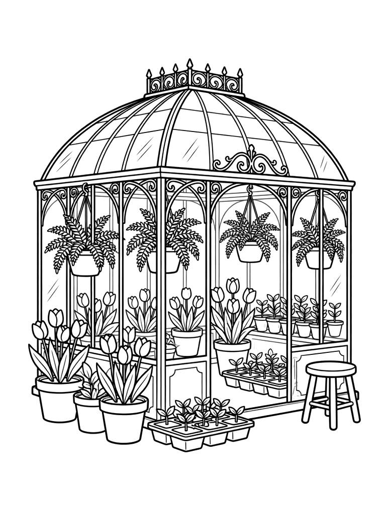 Sunlit Victorian Glass Greenhouse Filled With Hanging Fern Baskets Coloring Page