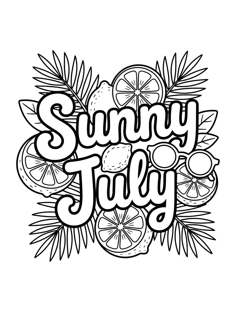 Sunny July Lettering Surrounded By Fresh Citrus Slices Of Lemons And Limes Coloring Page