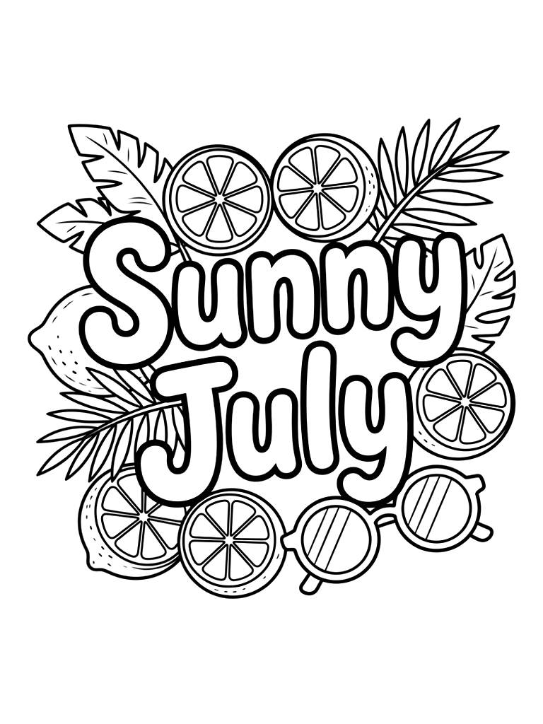 Sunny July Lettering Surrounded By Fresh Citrus Slices Of Lemons And Limes Coloring Page