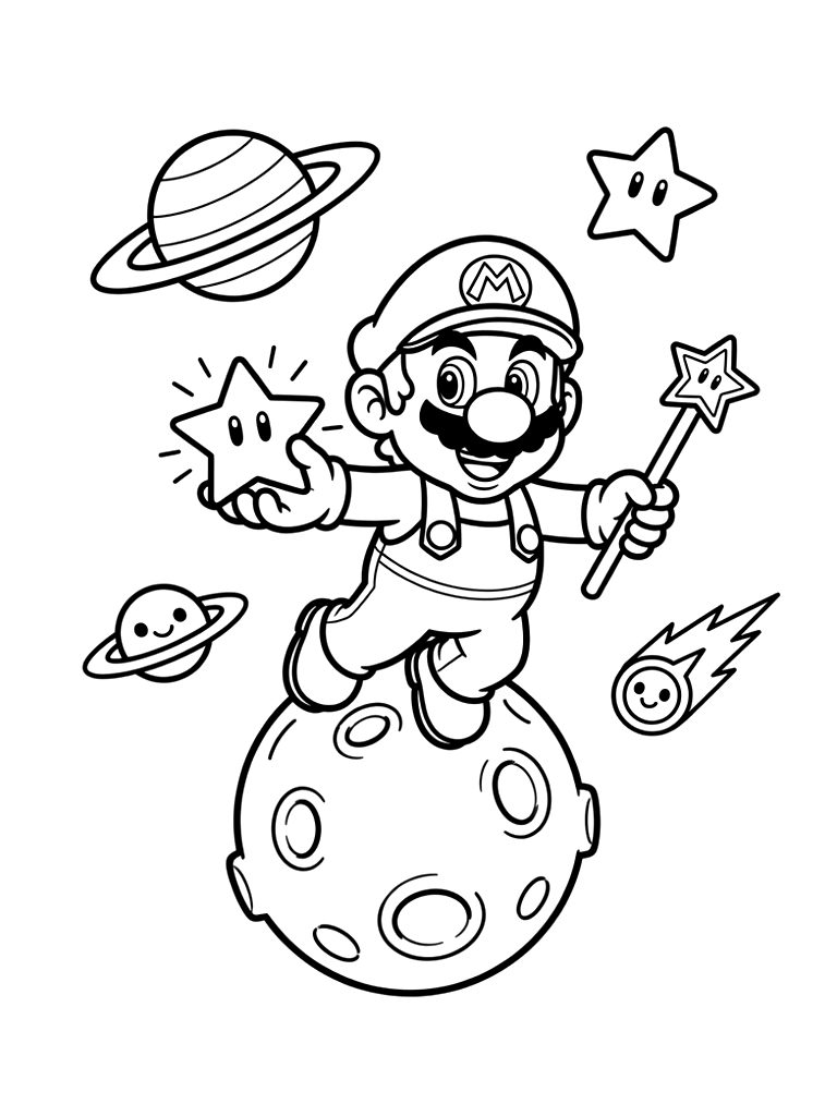 Super Mario Galaxy Space Adventure Coloring Scene Coloring Page