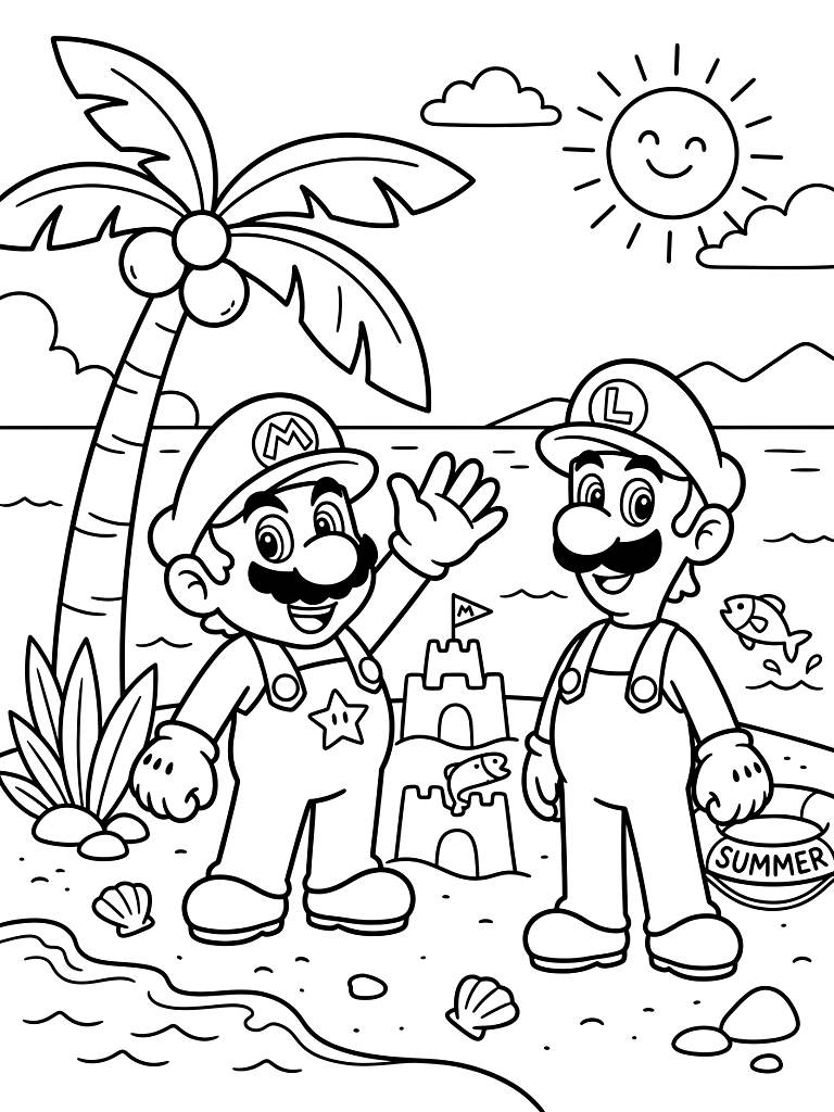 Super Mario Summer Adventures Coloring Page