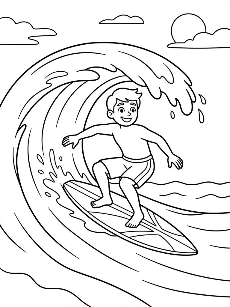 Surfing On Ocean Wave Coloring Page
