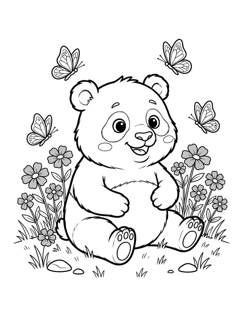 Sweet Giant Panda Sitting In A Grassy Field Surrounded By Blooming Yellow Wildflowers And Active Butterflies Coloring Page