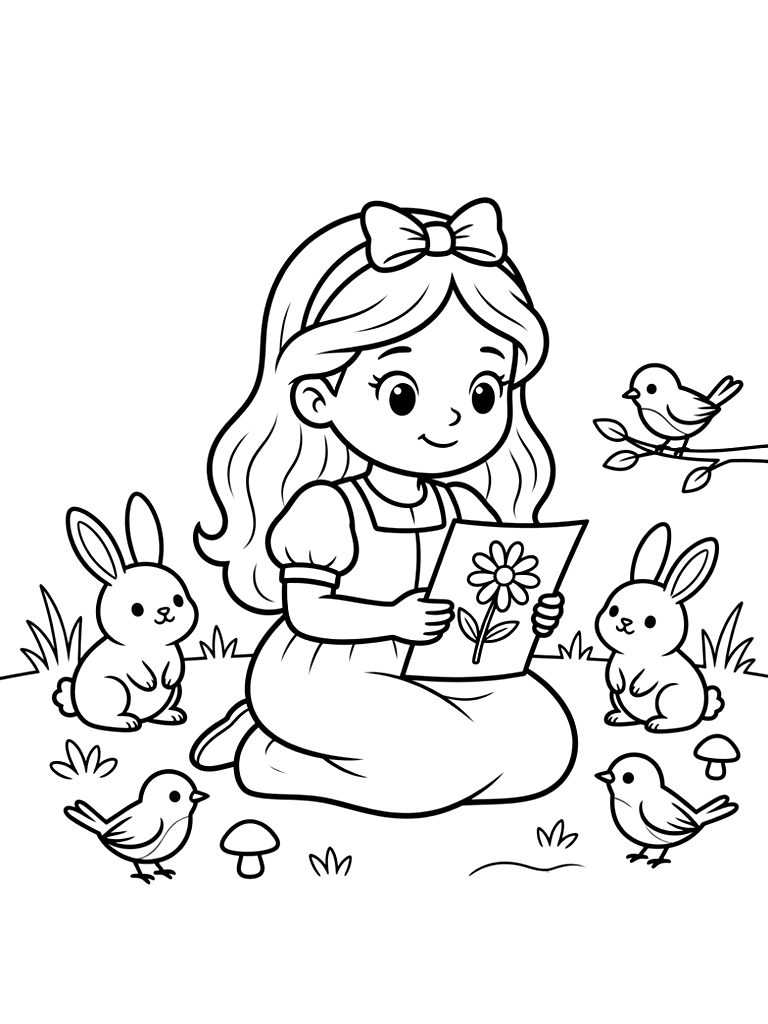 Sweet Snow White Sitting In A Cozy Forest Glade Surrounded By Friendly Woodland Rabbits And Bluebirds Holding A Wild Daisy Coloring Page