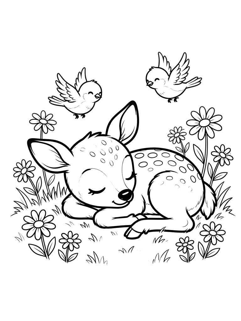 Sweet Spotted Fawn Curled Up Asleep In A Sunlit Meadow Surrounded By Blooming Wild Daisies And Fluttering Bluebirds Coloring Page