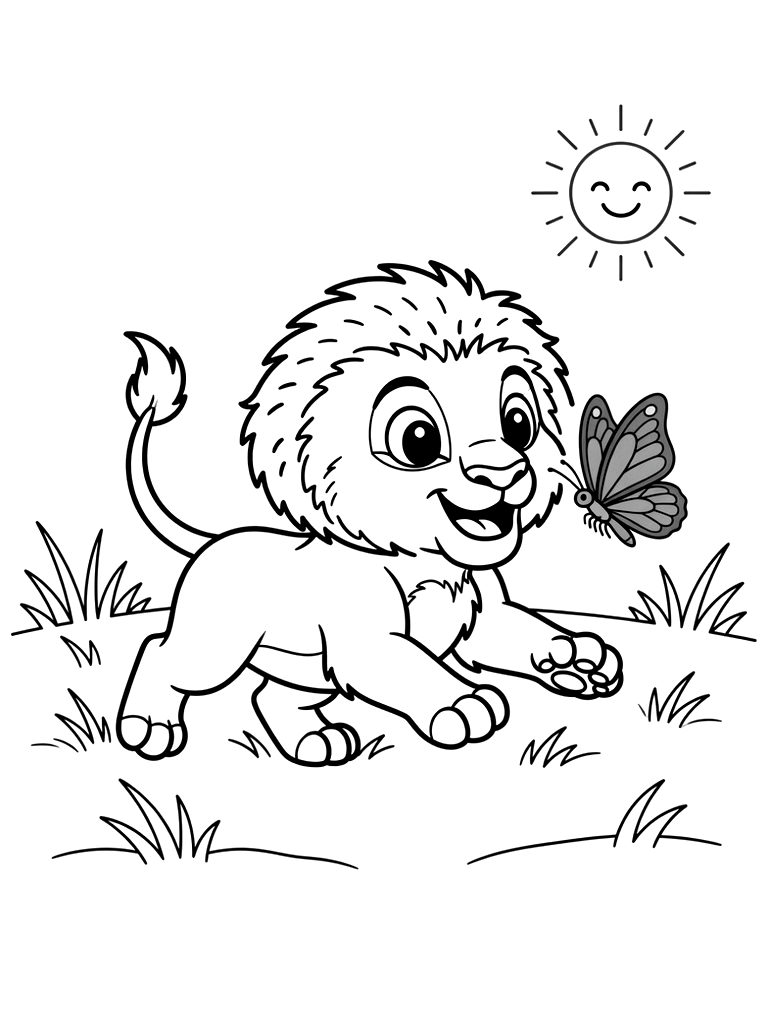 Sweet Young Cub Simba Playfully Pouncing On A Fluttering Tropical Blue Butterfly In A Lush Grassy Field Under The Pride Lands Sun Coloring Page