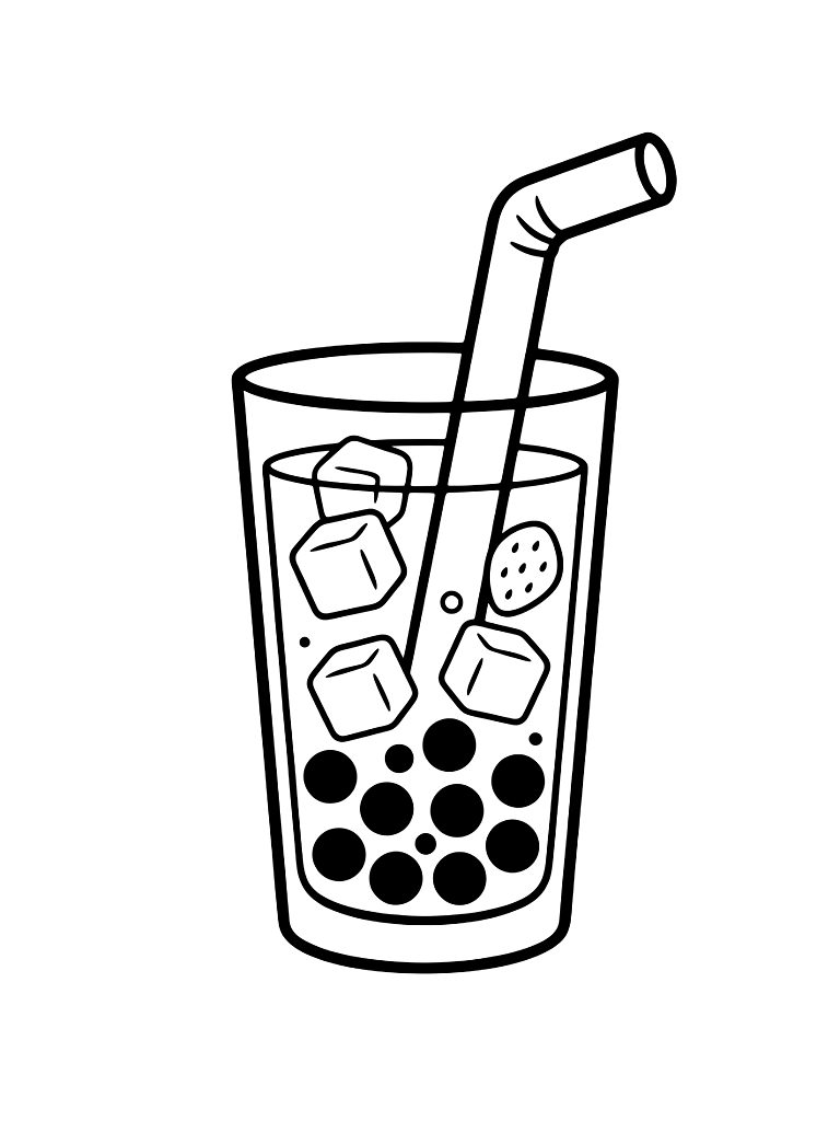 Tall Glass Of Iced Strawberry Boba Tea With A Thick Straw And Ice Cubes Coloring Page