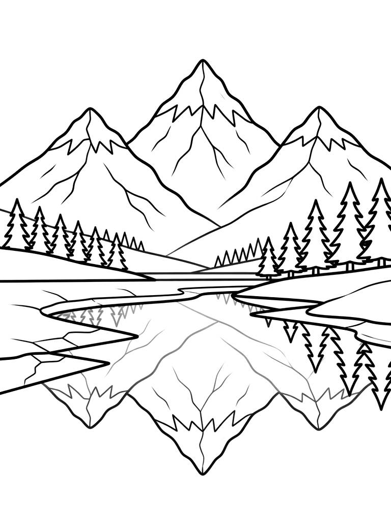 Tall Mountain Range Reflected In A Partially Frozen Alpine Lake With Pine Trees Coloring Page