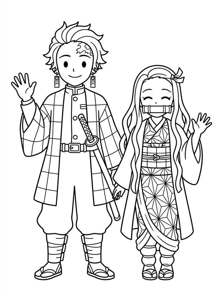 Tanjiro And Nezuko Together Coloring Page