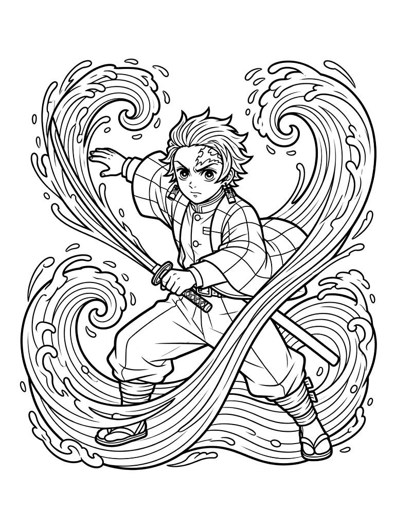 Tanjiro Kamado Using Water Breathing Form With Spiraling Waves Coloring Page