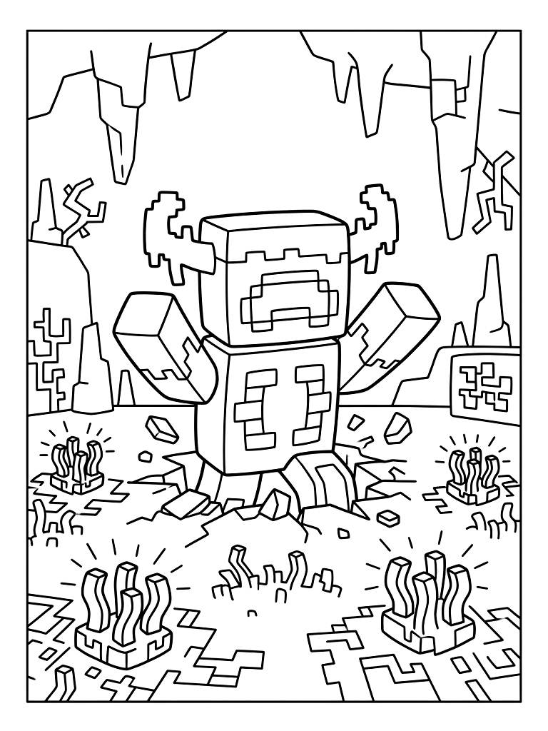 Terrifying Blocky Warden Creature Emerging From The Ground In A Deep Dark Biome Surrounded By Glowing Sculk Sensors Coloring Page