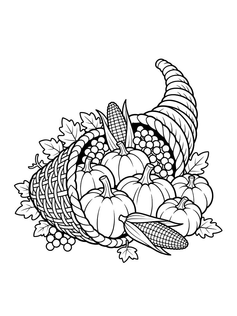 Thanksgiving Cornucopia Overflowing With Pumpkins Coloring Page