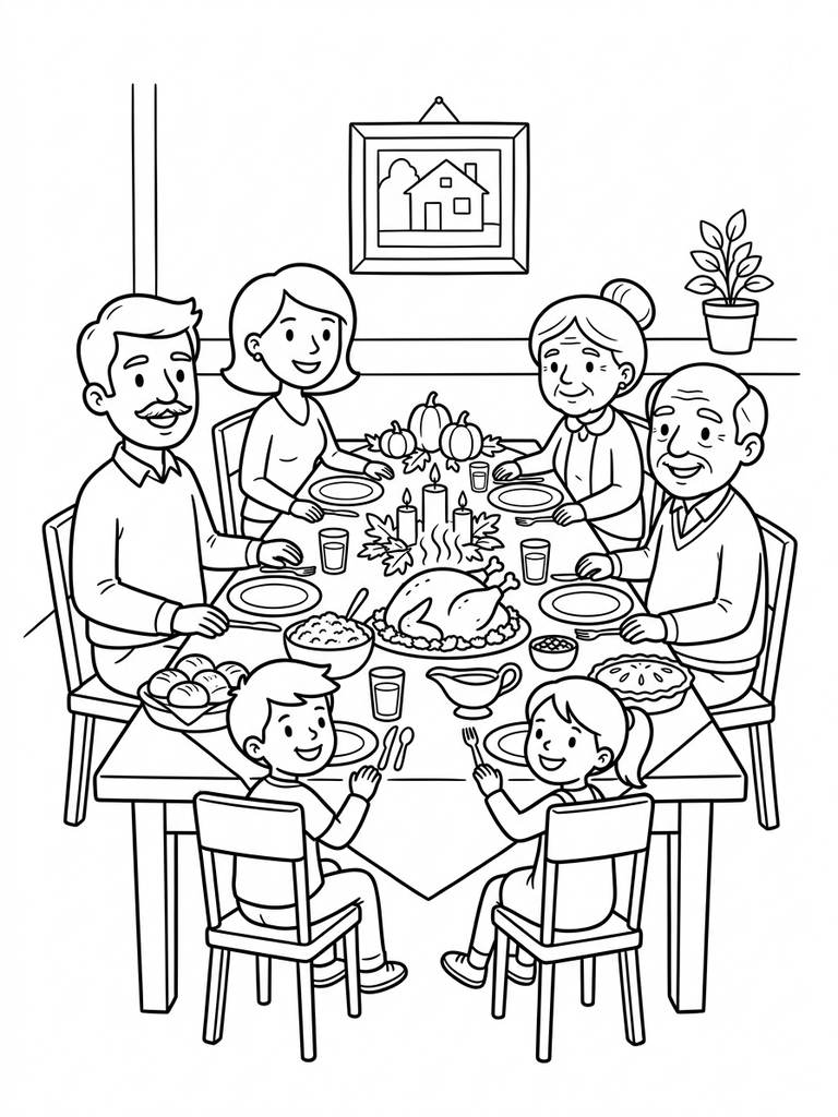 Thanksgiving Family Dinner Table Coloring Page