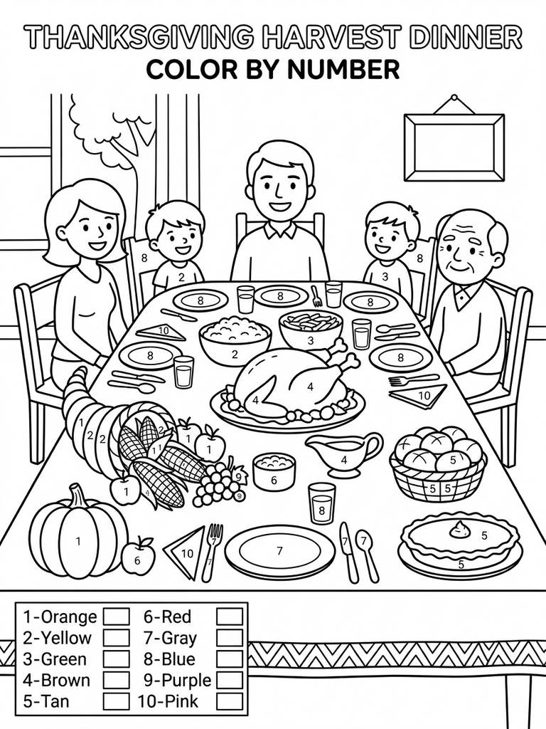 Thanksgiving Harvest Dinner Table By Number Coloring Page