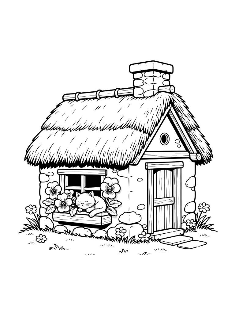 Thatch-roof Cottage With A Window Box Overflowing With Purple Pansies And A Sleeping Cat Coloring Page