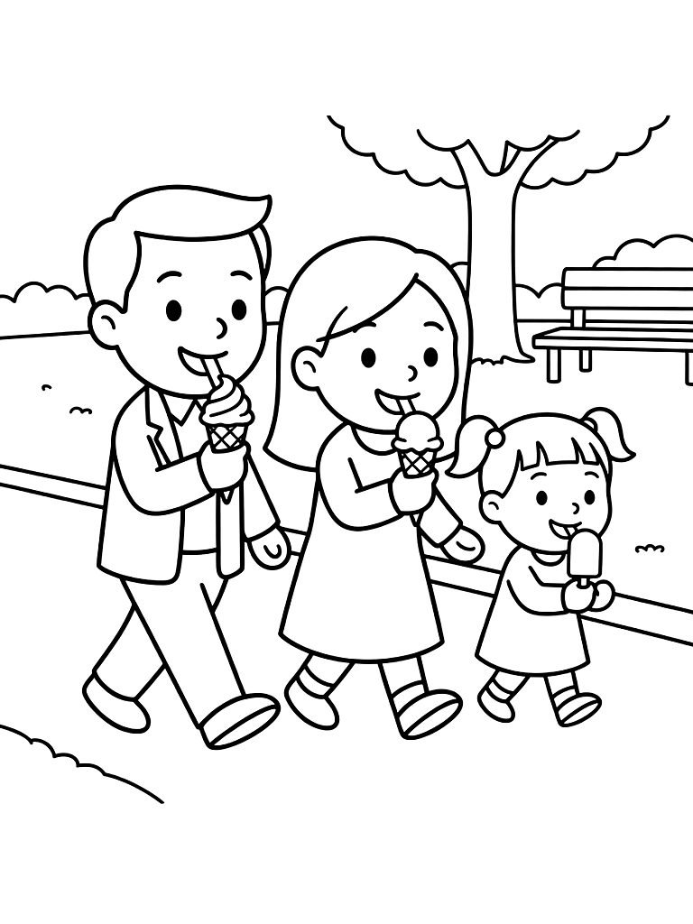 Forger Family Walking Through A City Park Eating Ice Cream Together Coloring Page