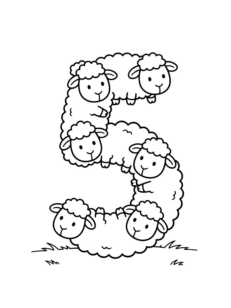 Number 5 Designed Out Of Five Fluffy White Sheep In A Green Meadow Coloring Page