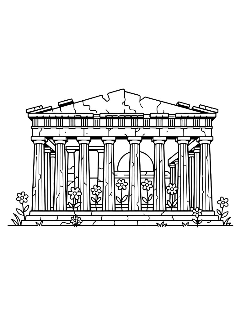 Parthenon In Athens At Sunset With Blooming Wildflowers Growing Between Ancient White Marble Columns Coloring Page