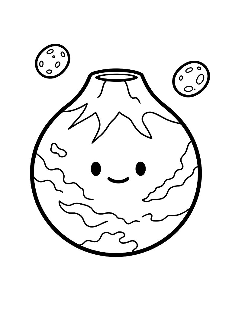 Planet Mars With Its Two Moons Phobos And Deimos And The Olympus Mons Volcano Coloring Page