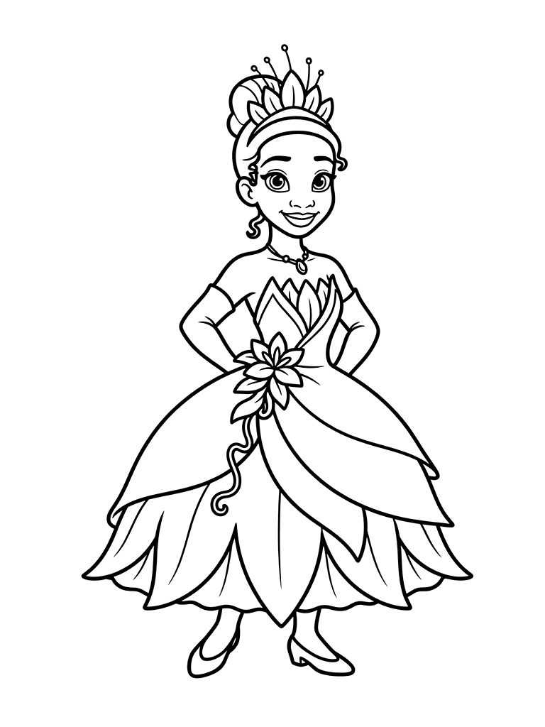 Tiana In Her Lily Pad Wedding Dress In The Bayou Coloring Page