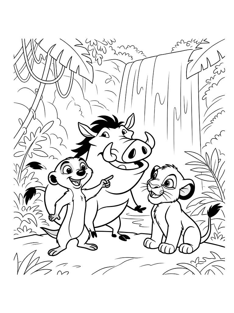 Timon And Pumbaa Showing Young Simba The Lush Jungle Paradise With A Massive Waterfall Coloring Page