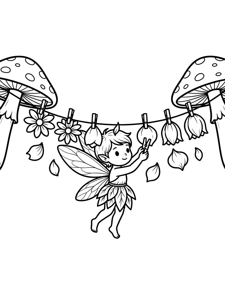 Tiny Fairy Hanging A Laundry Line Of Flower Petal Clothes Between Two Red Toadstools Coloring Page