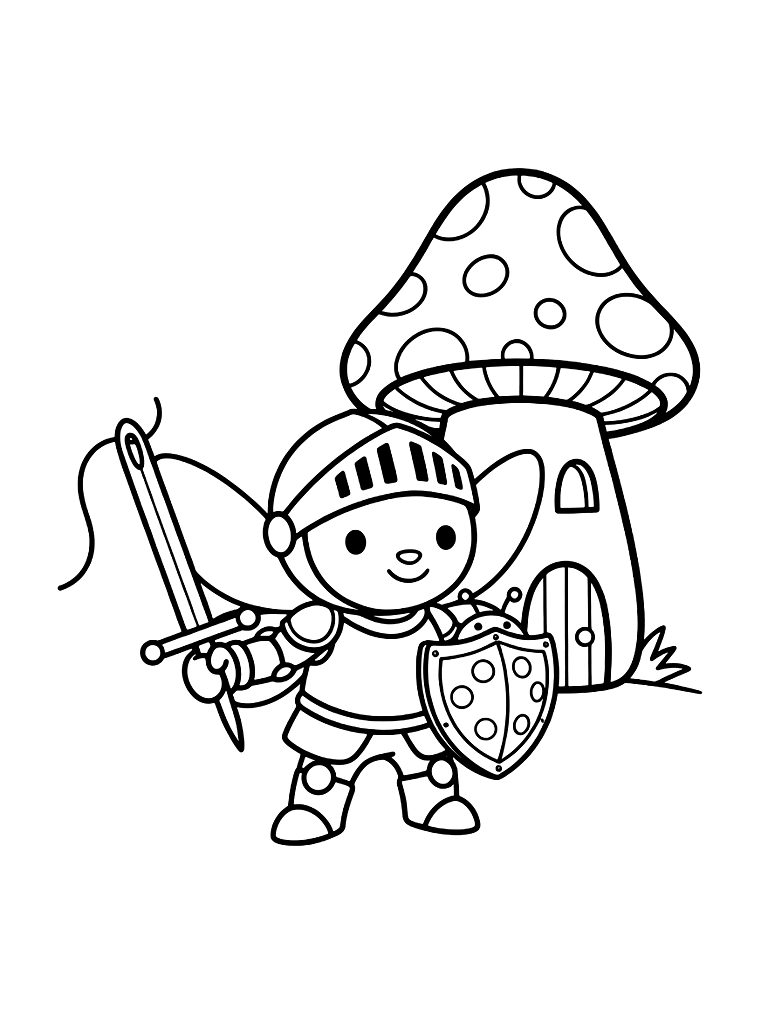 Tiny Fairy Knight Guarding A Red Toadstool Castle With A Needle Sword And A Ladybug Shield Coloring Page