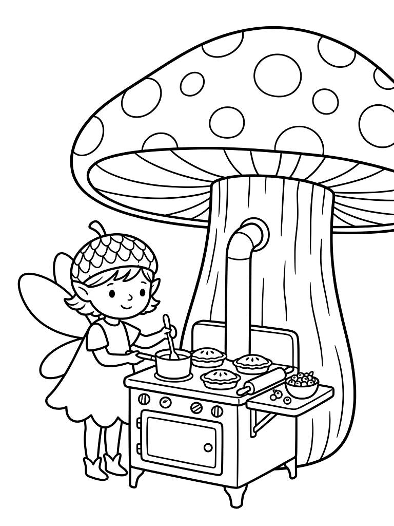 Tiny Fairy Wearing An Acorn Cap Baking Miniature Berry Pies On A Woodstove Built Into The Stalk Of A Giant Spotted Toadstool Coloring Page