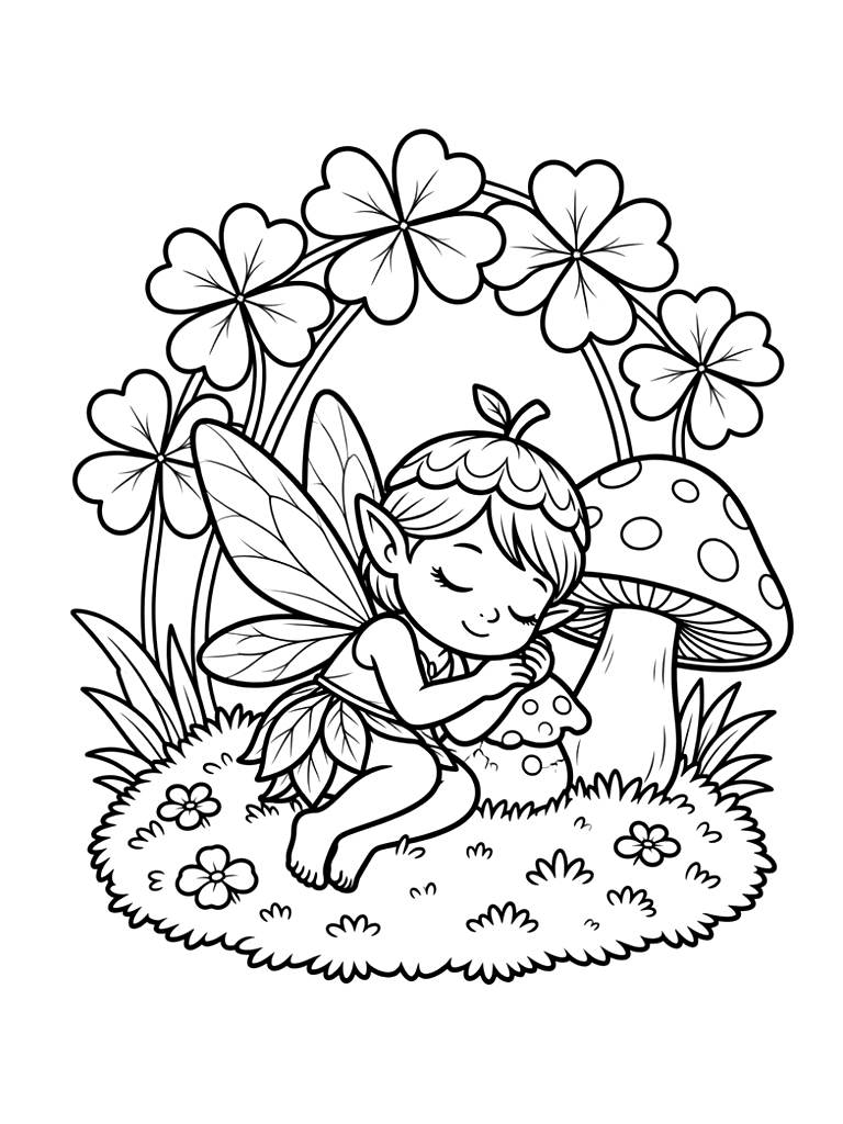 Tiny Winged Fairy Asleep Curled Up On A Soft Bed Of Moss At The Base Of A Spotted Toadstool Under A Canopy Of Clover Leaves Coloring Page