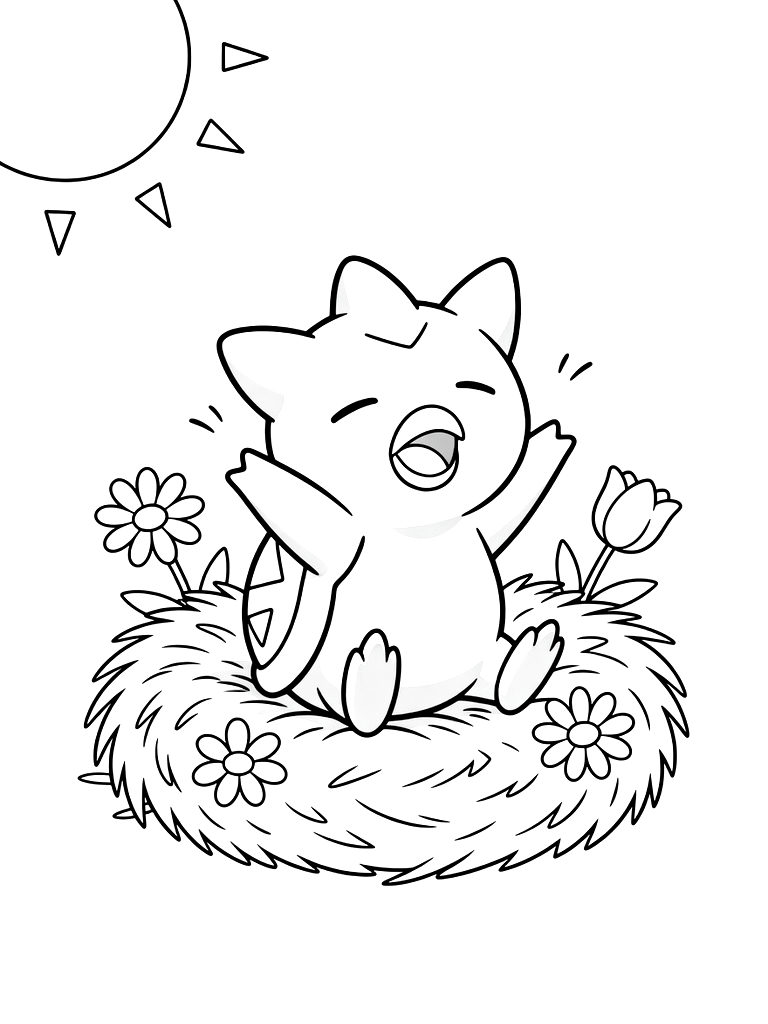 Togepi Waking Up In A Nest Of Soft Hay And Flowers With A Bright Morning Sun Coloring Page