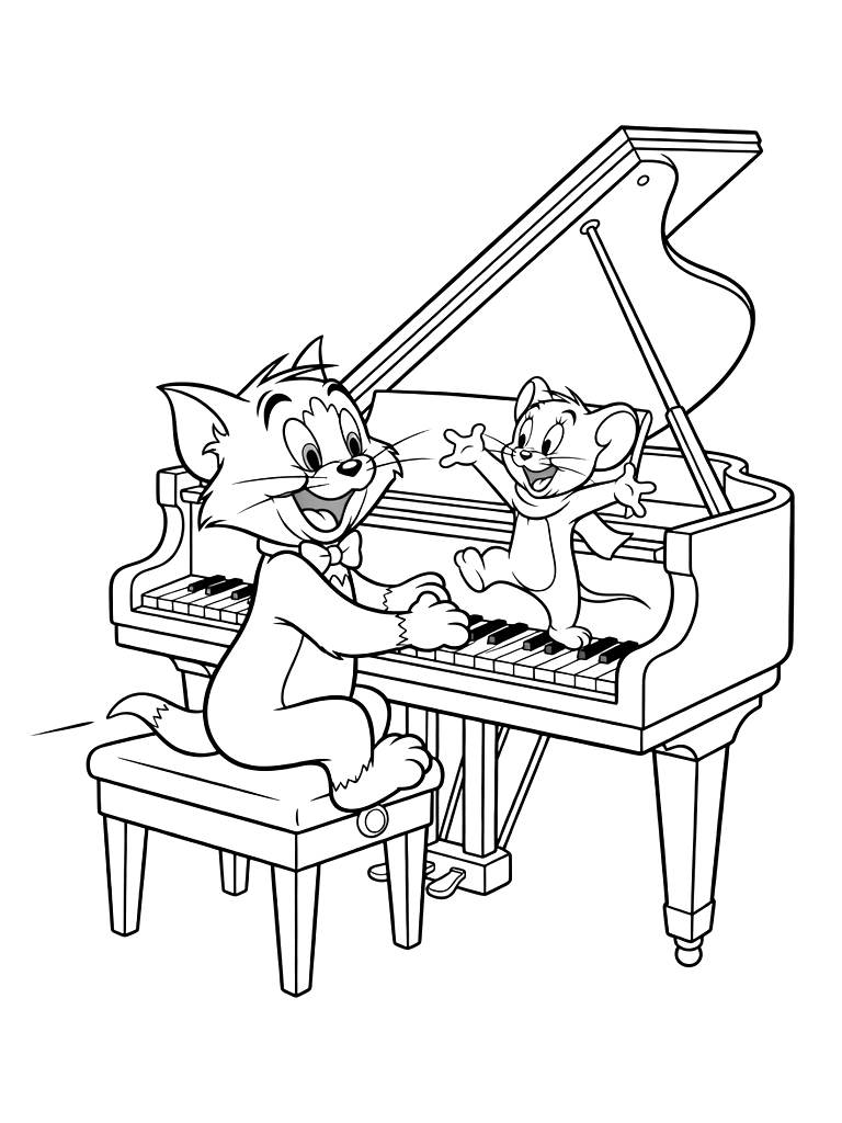 Tom Cat Playing A Grand Piano While Jerry Mouse Dances On The Keys Coloring Page