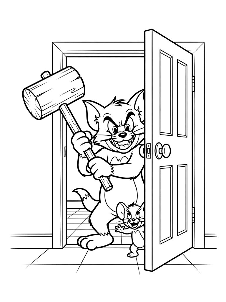 Tom Cat Trying To Catch Jerry Mouse With A Large Wooden Mallet Behind A Kitchen Door Coloring Page
