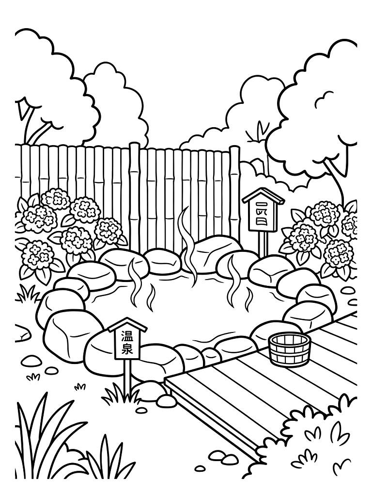Traditional Japanese Outdoor Hot Spring Onsen Surrounded By Bamboo Fences Smooth River Stones And Early Summer Blooming Hydrangeas Coloring Page