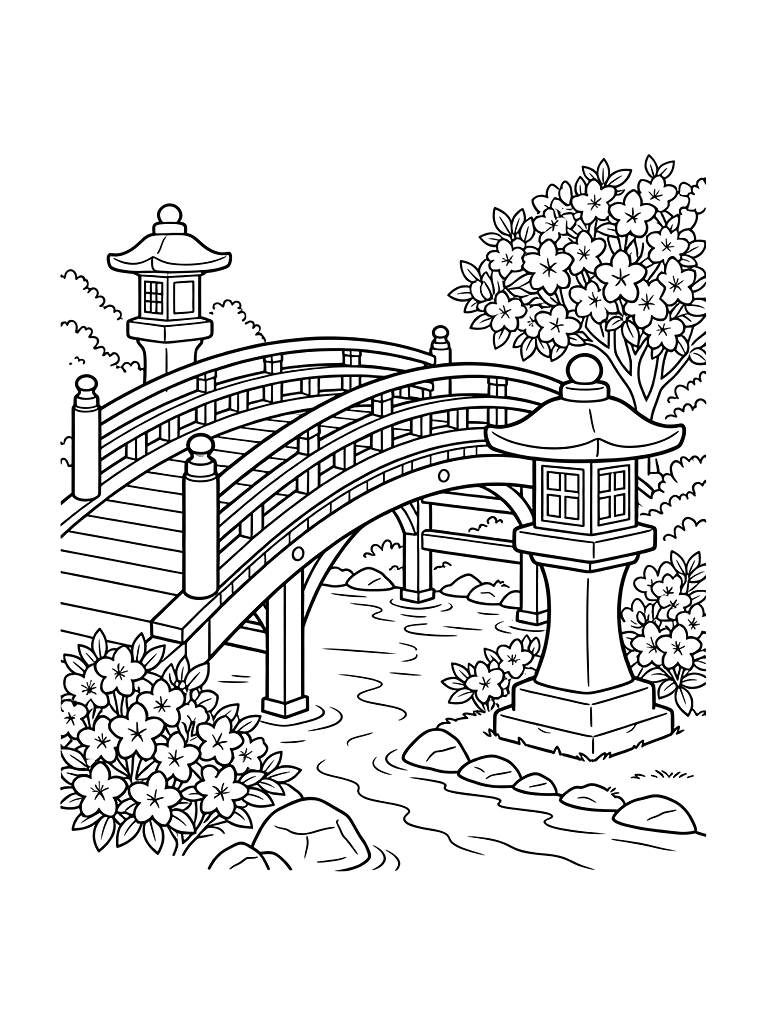 Traditional Japanese Red Bridge Crossing A Stream With A Stone Lantern And Azaleas Coloring Page