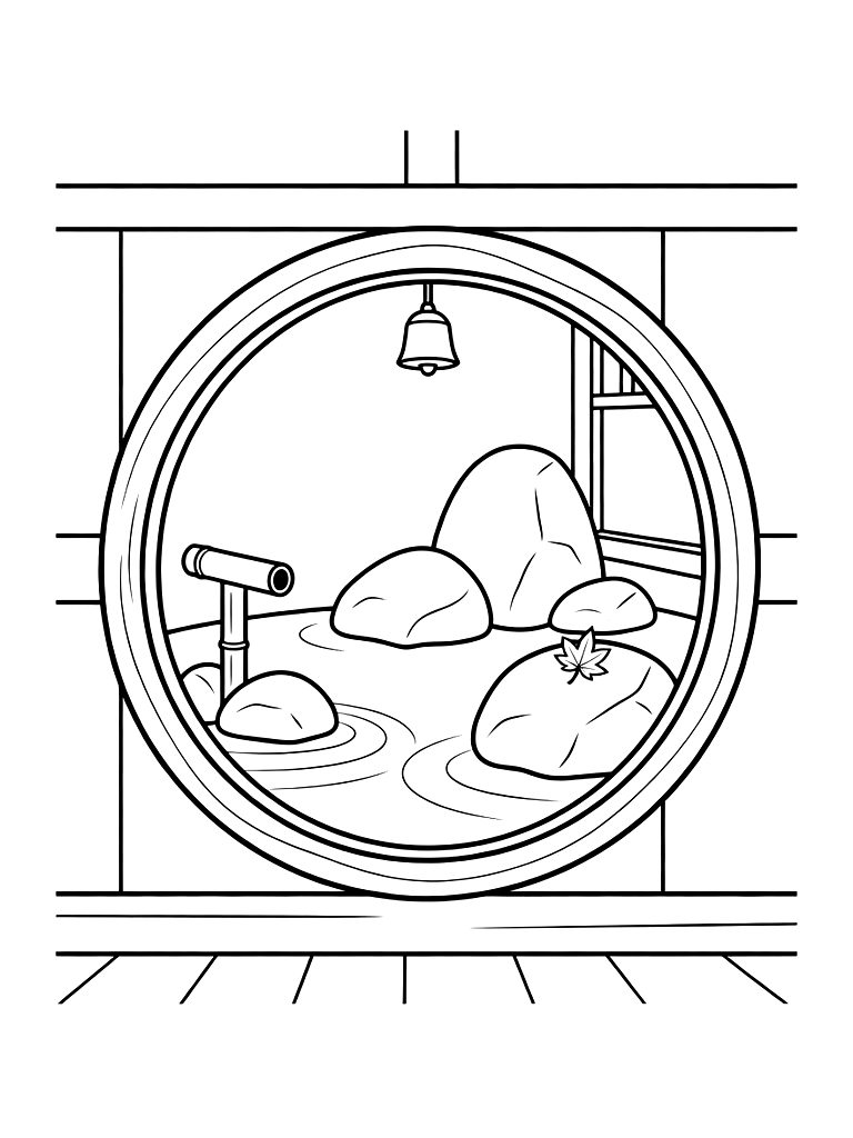 Traditional Japanese Rock Garden Seen Through An Open Circular Window In A Zen Temple Coloring Page
