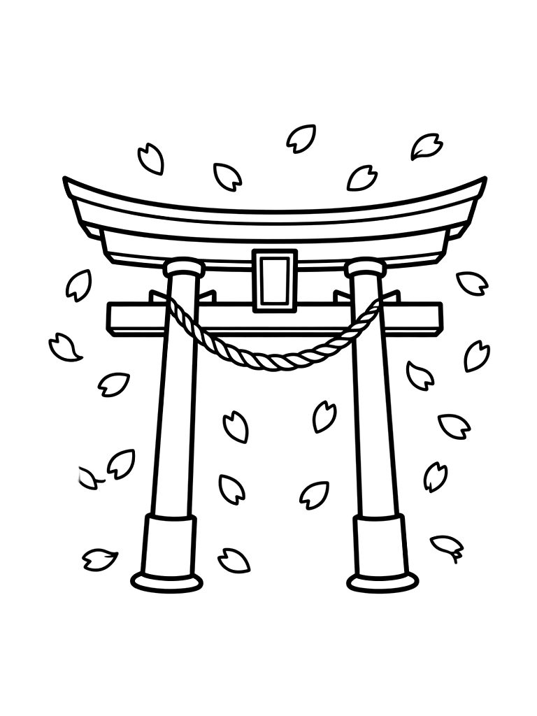 Traditional Japanese Shinto Shrine Gate Torii Surrounded By Falling Cherry Blossom Petals Coloring Page
