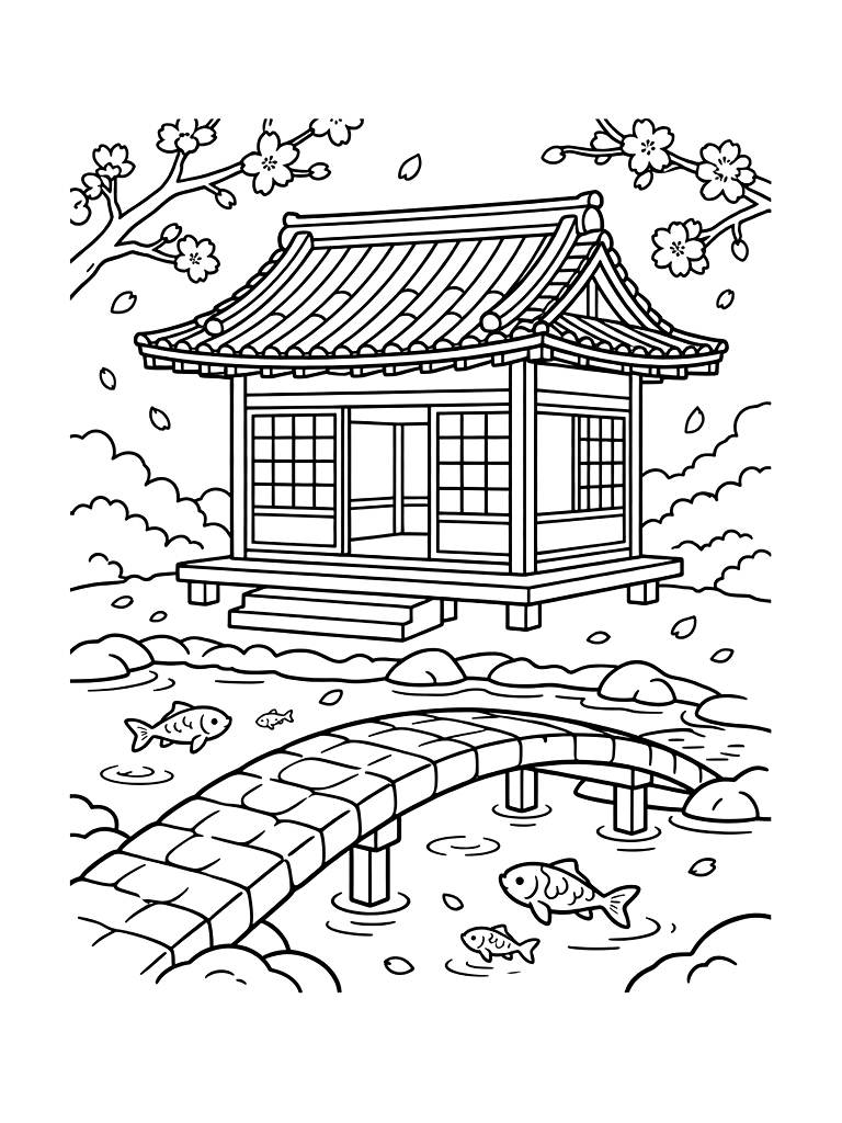 Traditional Japanese Tea House Overlooking A Koi Pond With Falling Cherry Blossom Petals And A Stone Bridge Coloring Page