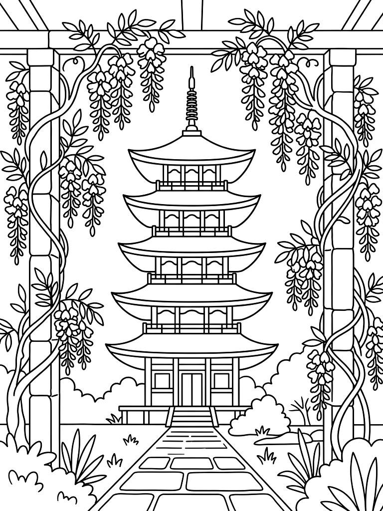 Traditional Japanese Wooden Pagoda Framed By Blooming Purple Wisteria Vines Climbing A Stone Trellis Next To A Quiet Garden Path Coloring Page