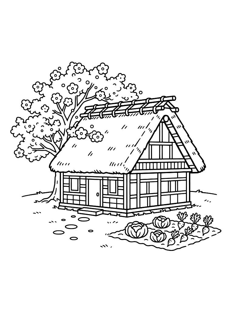 Traditional Thatched-roof Farmhouse In Shirakawa-go Surrounded By Blooming Cherry Blossoms And A Small Vegetable Patch Coloring Page