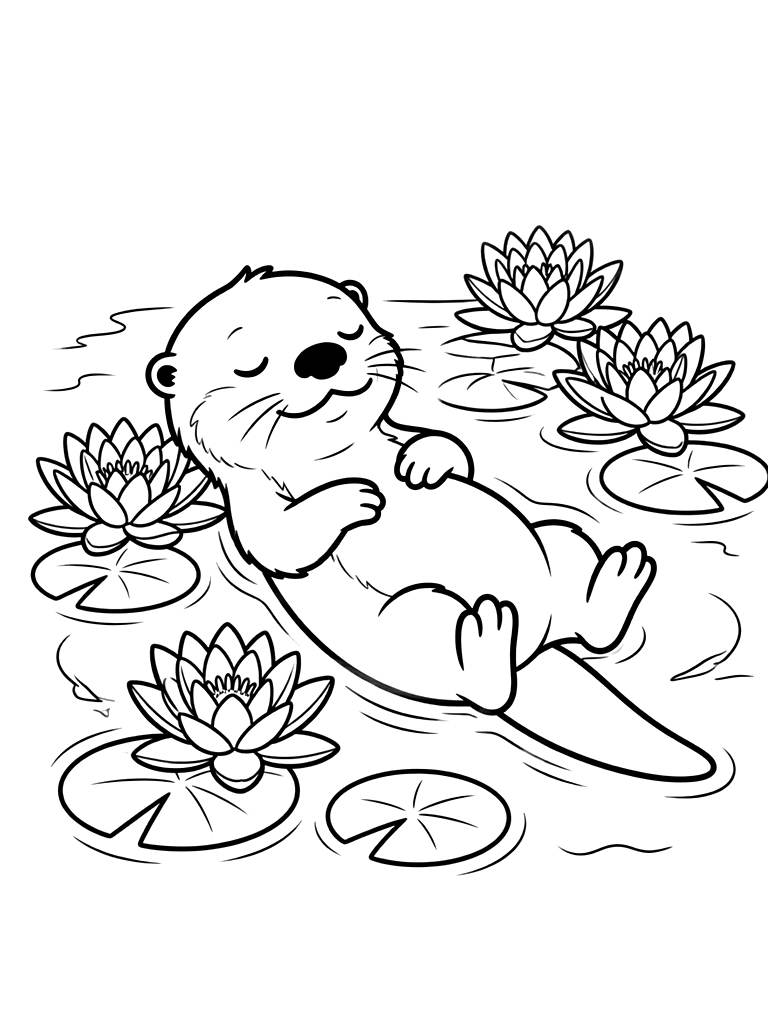 Tranquil Sleeping Otter Floating Peacefully On Its Back In A Calm Lake Covered In Blooming White Water Lilies Coloring Page