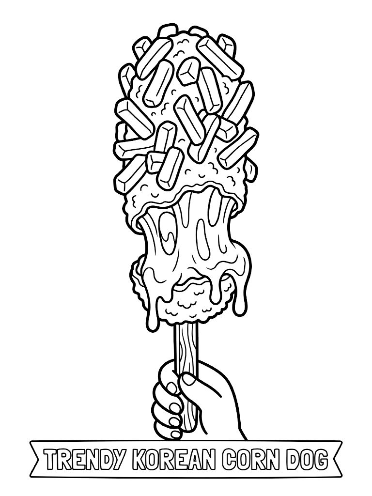 Trendy Crispy Korean Street Food Corn Dog Half Coated In French Fries And Half Oozing With Melted Mozzarella Cheese On A Stick Coloring Page