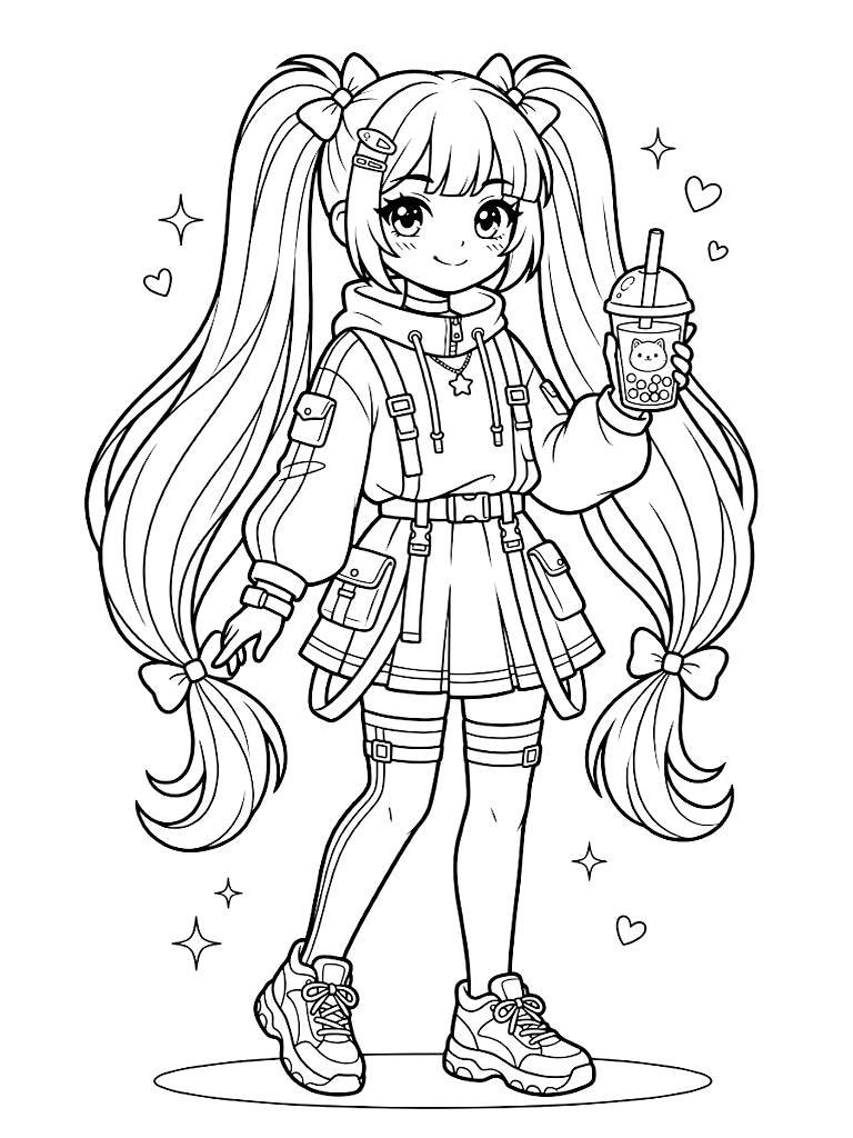 Trendy Kawaii Anime Girl With Long Twin Tails Wearing A Pastel Techwear Outfit And Holding A Sweet Bubble Tea Coloring Page