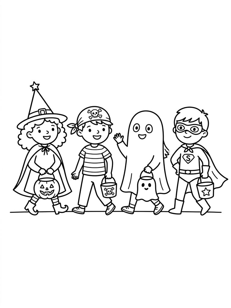 Trick Or Treat Kids / Halloween Costumes Coloring Page