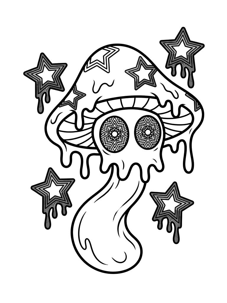 Trippy Melted Mushroom With Kaleidoscope Eyes And Melting Rainbow Stars Coloring Page