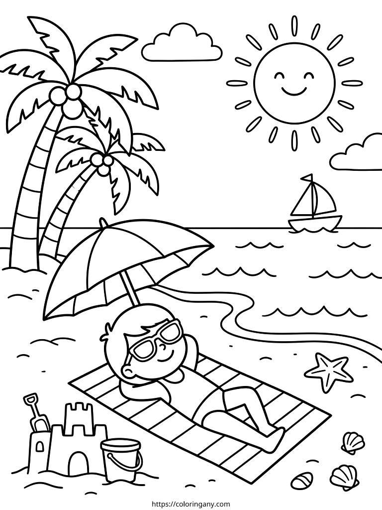 Tropical Beach & Ocean Summer Vacation Coloring Page