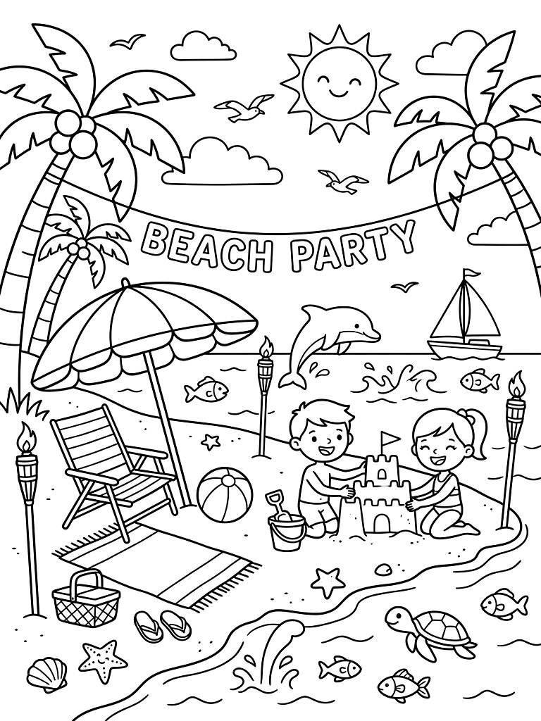 Tropical Beach Party & Ocean Elements Coloring Page