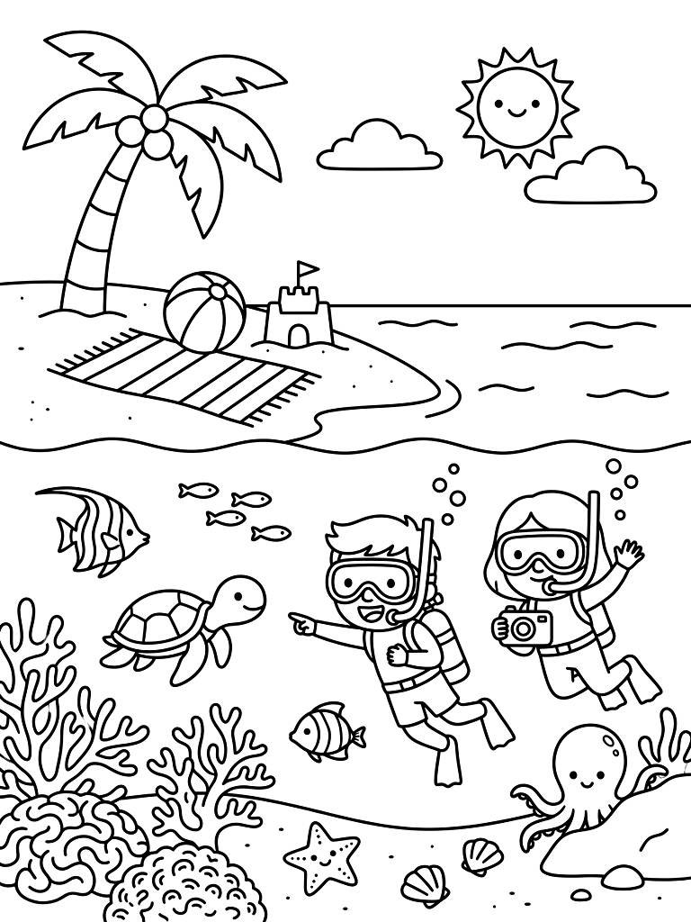 Tropical Beach & Undersea Exploration Coloring Page