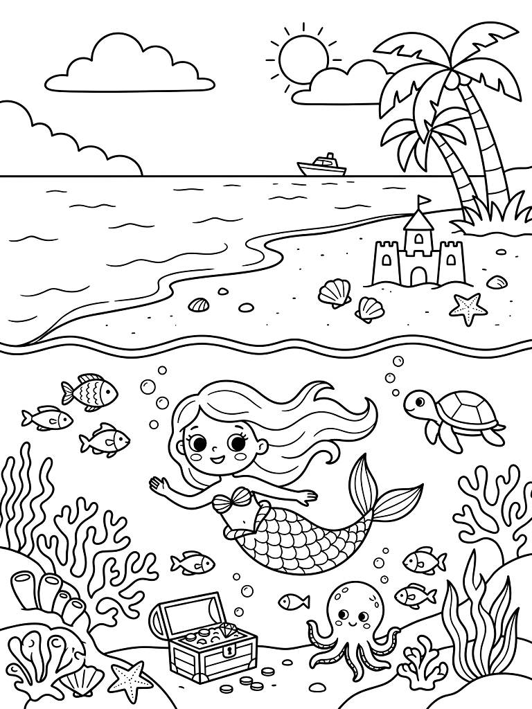 Tropical Beach & Undersea Mermaid World Coloring Page