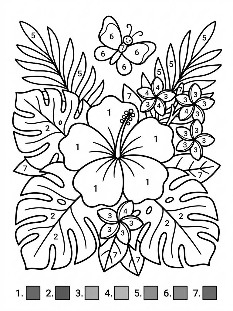 Tropical Flowers Color By Number Coloring Page