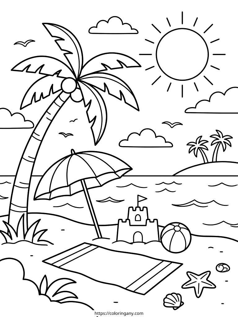 Tropical Summer Beach & Ocean Vibes Coloring Page